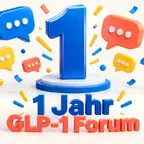 Jubiläumsgrafik zum ersten Geburtstag vom GLP-1 Forum mit stilisierten Sprechblasen und Konfetti