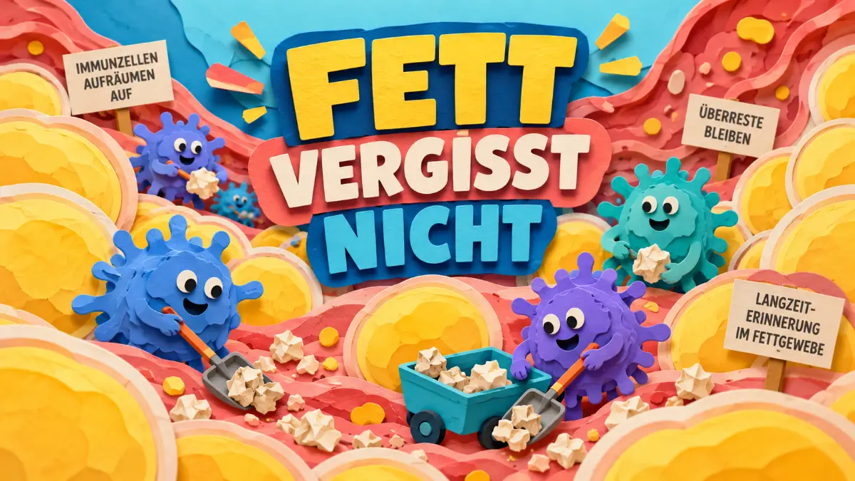 Adipositas-Gedächtnis: Fresszellen räumen im Fettgewebe abgestorbene Zellen auf, stilisierte Illustration