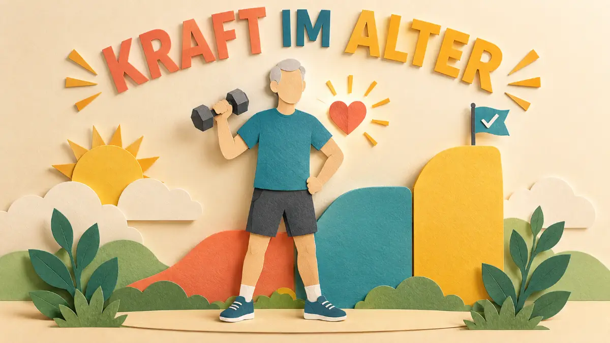 Semaglutid Gebrechlichkeit: Papierschnitt-Illustration einer älteren Figur mit Herz und Kraftsymbolen