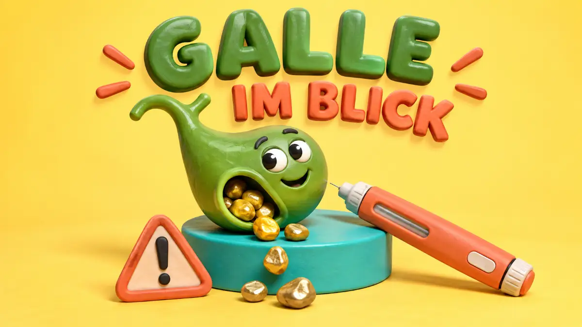 Gallensteine durch die Abnehmspritze als 3D-Illustration einer stilisierten Gallenblase mit kleinen Steinen