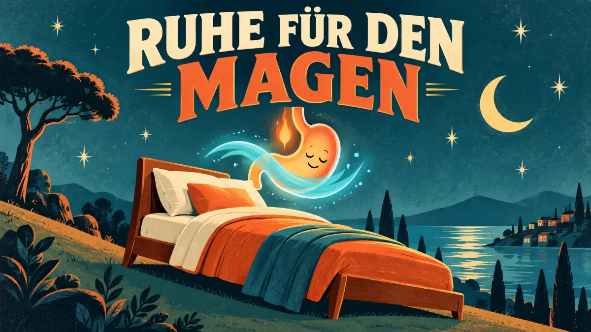 Sodbrennen unter Mounjaro als Retro-Poster mit Bett auf schräger Ebene und Mond