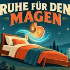 Sodbrennen unter Mounjaro als Retro-Poster mit Bett auf schräger Ebene und Mond