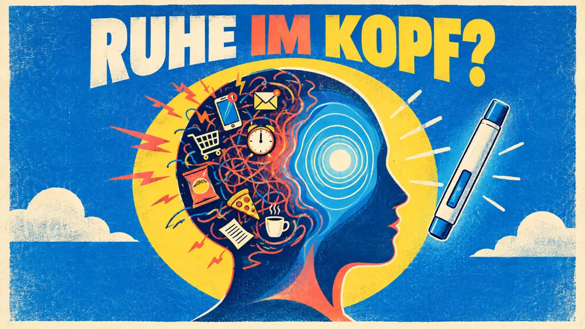 Abnehmspritze und ADHS: Illustration eines ruhigen Kopfes zwischen verstummendem Gedankenchaos