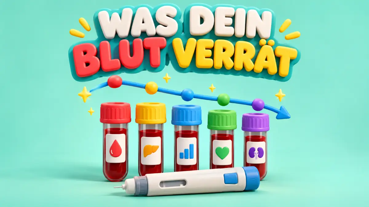Blutwerte unter Mounjaro und Wegovy mit Laborröhrchen und sinkenden Kurven beim Abnehmen
