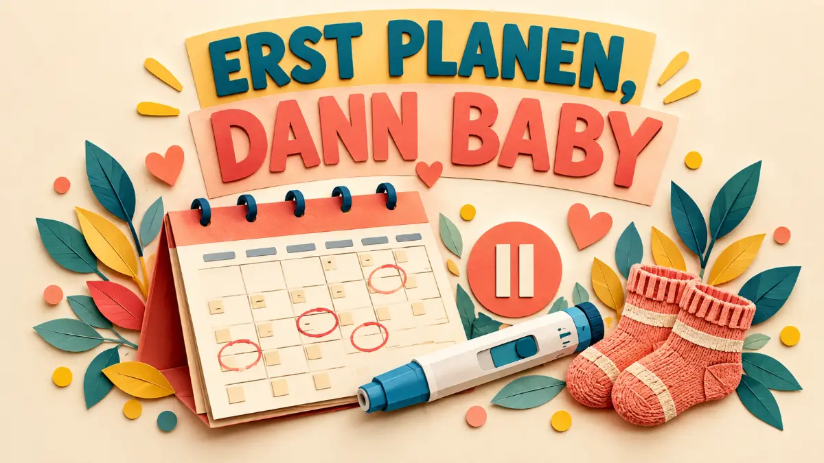 Schwangerschaft und Abnehmspritze mit Kalender, pausiertem Pen und Babysocken für die Kinderwunschplanung